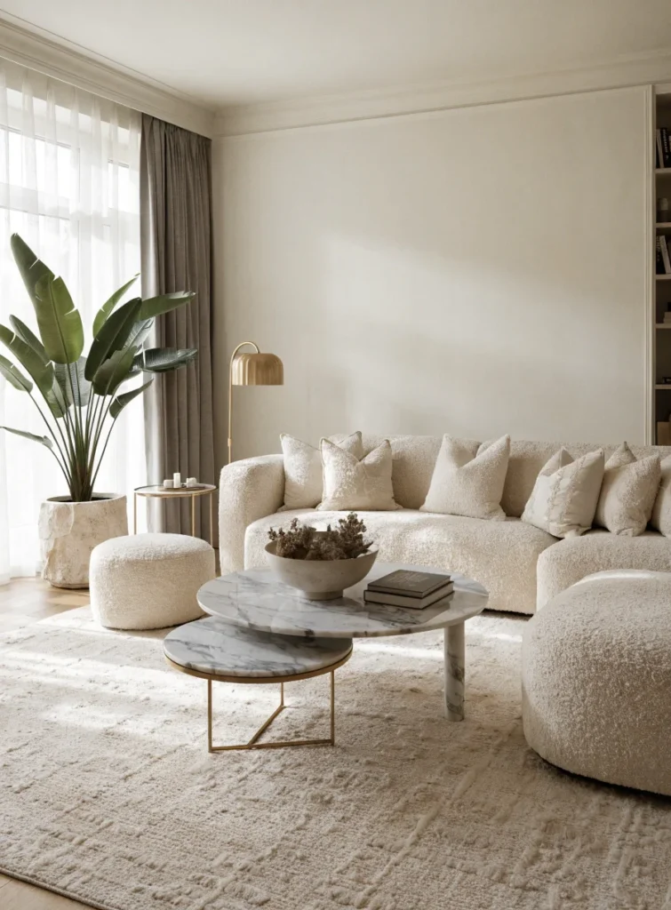 modern neutral living room with beige sofa