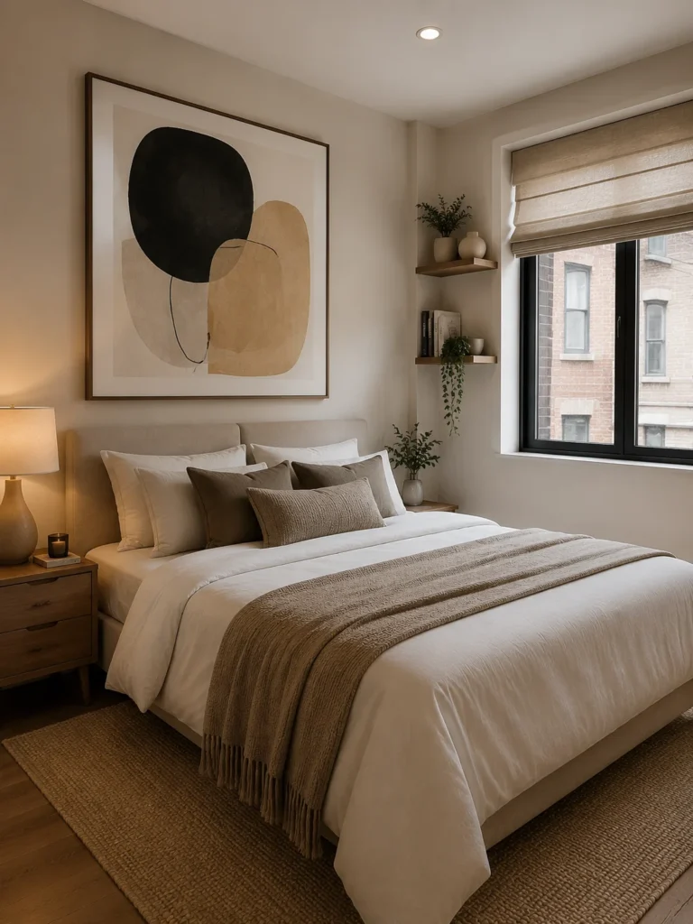 modern small bedroom with oversized wall art