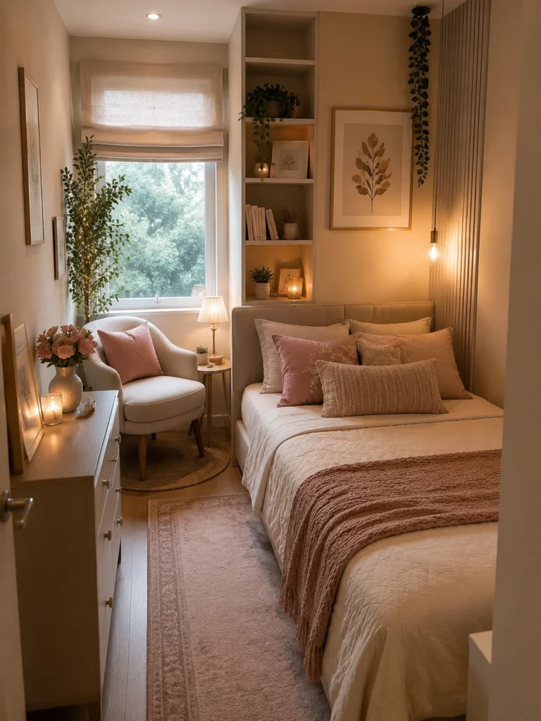 narrow small bedroom with cozy reading corner