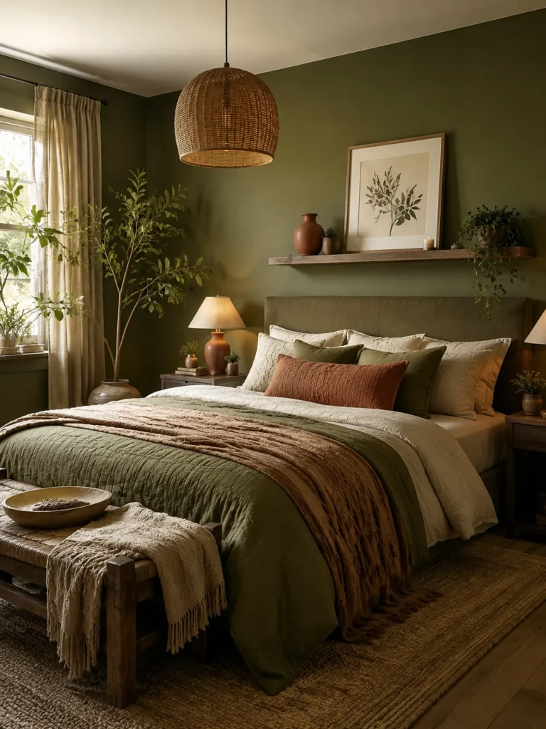 olive green bedroom with warm lighting