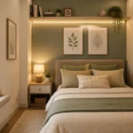 Stylish and cozy small bedroom decor ideas with modern, space-saving furniture, and warm ambient lighting
