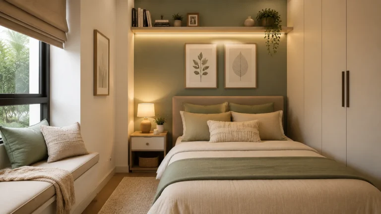 Stylish and cozy small bedroom decor ideas with modern, space-saving furniture, and warm ambient lighting