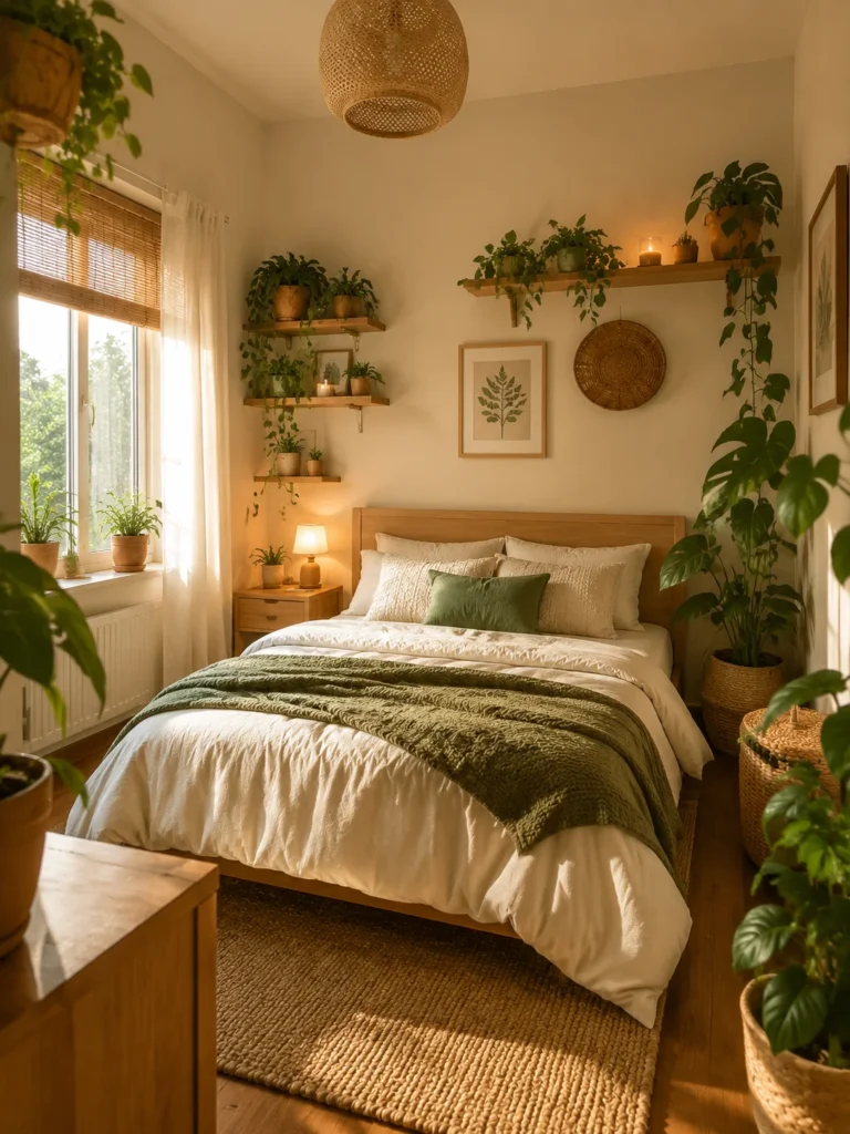 small cozy bedroom with indoor plants