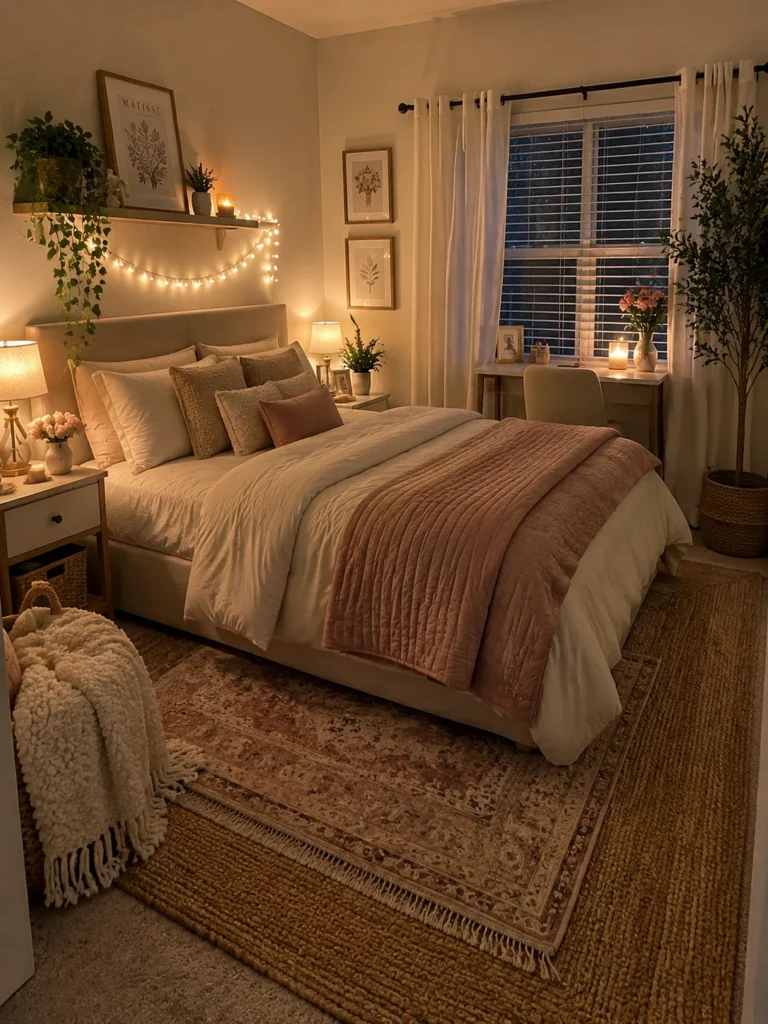 small cozy bedroom with layered rugs