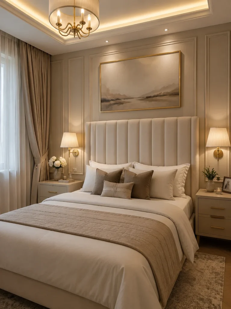 small elegant bedroom with statement headboard