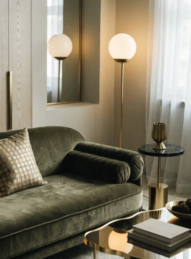 small luxury modern living room with velvet sofa
