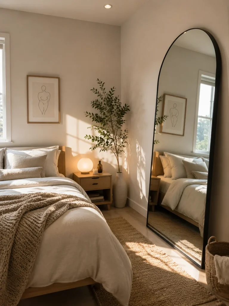 small modern bedroom with oversized floor mirror