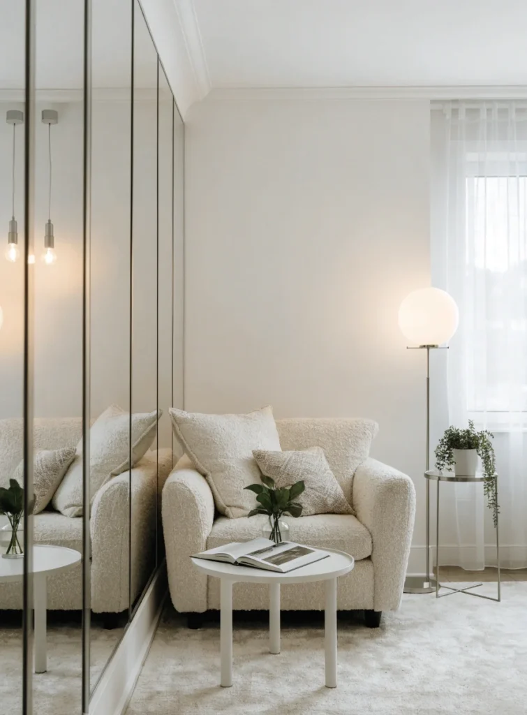 small modern living room with mirror wall compact