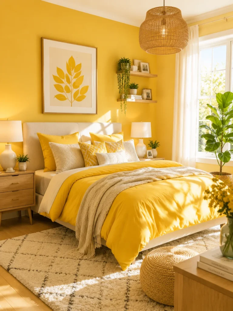 sunny yellow bedroom with modern design