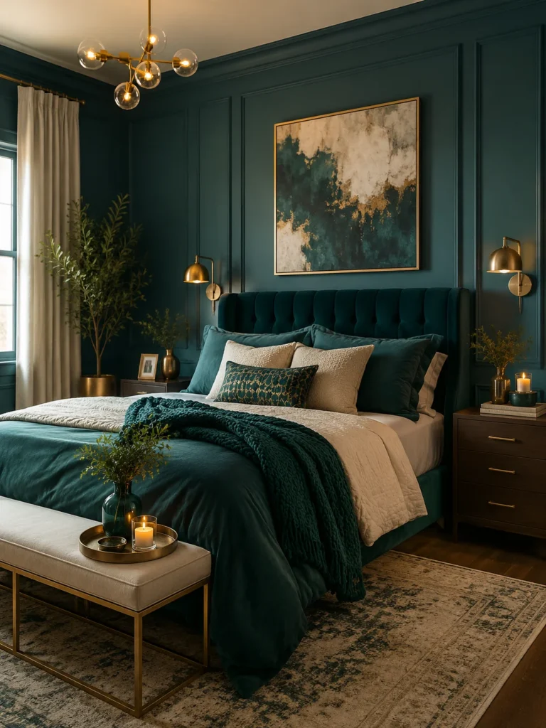 teal bedroom with rich color contrast