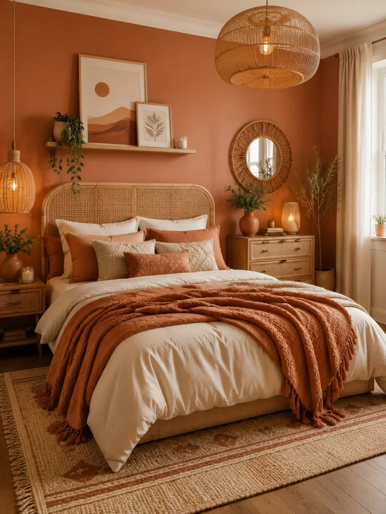 terracotta bedroom with warm boho energy