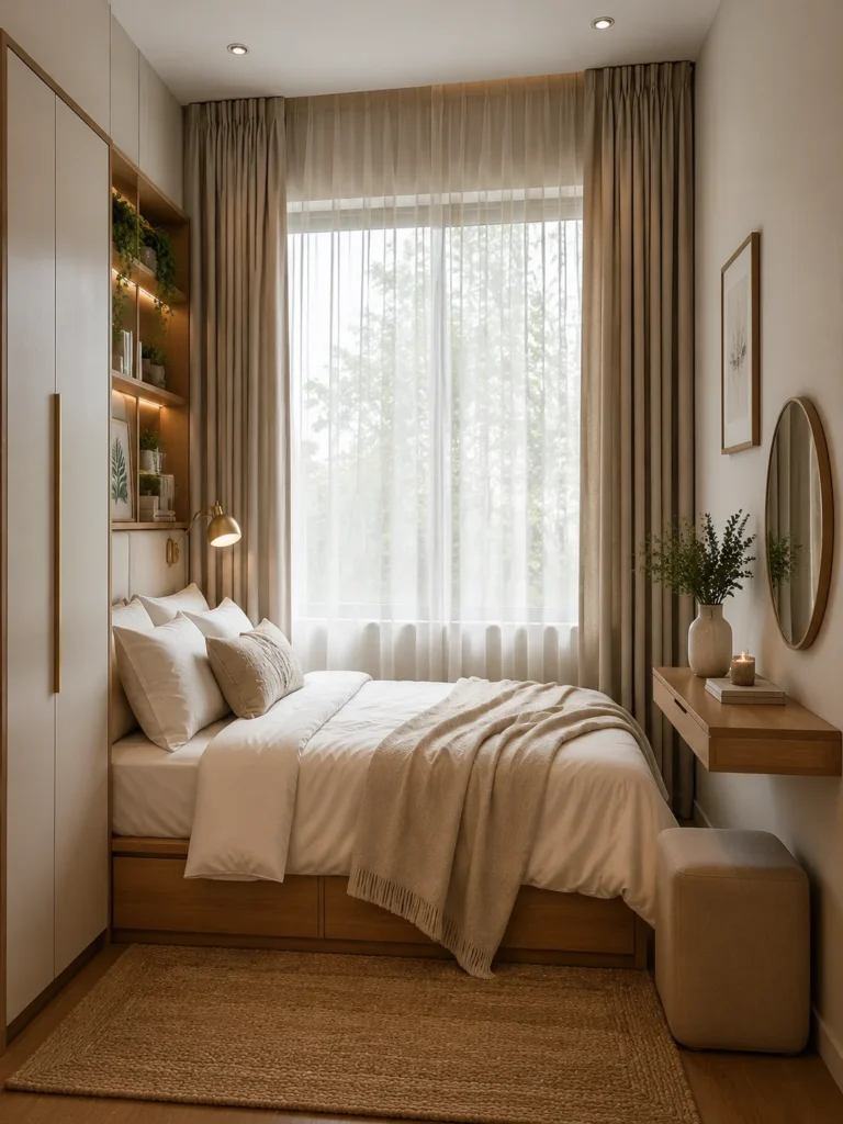 tiny bedroom with ceiling height curtains