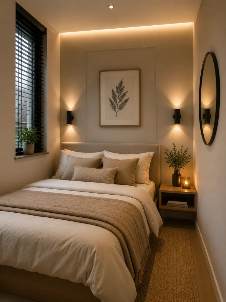 tiny bedroom with modern wall sconces