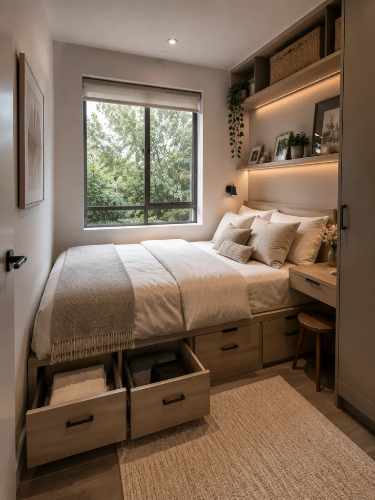 tiny bedroom with storage bed drawers