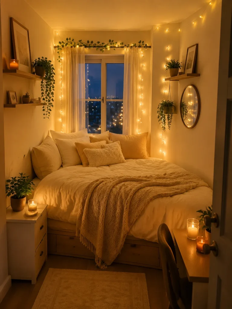 tiny bedroom with warm fairy lights