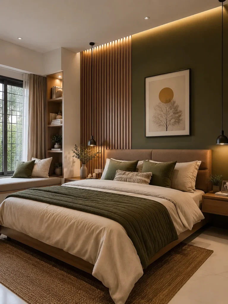 two tone bedroom with stylish wall design