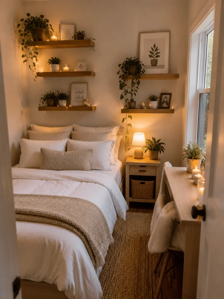 very small bedroom with floating wooden shelves