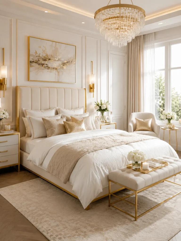 white and gold bedroom for timeless luxury