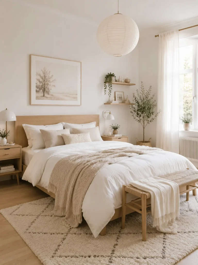 white bedroom with airy scandinavian style